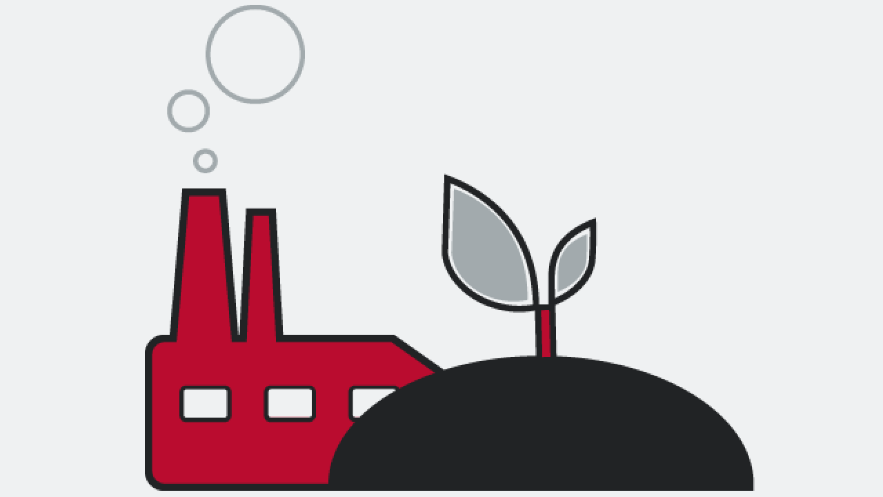 Graphic of building in red and sprout in gray with black mound